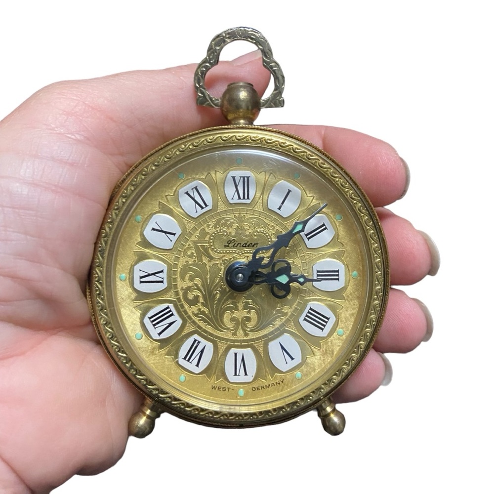 Vintage Linden West German Round Filigree Alarm Clock Gold